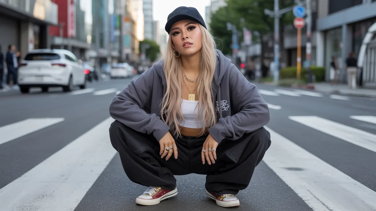 A woman in a cap and black sweatshirt sits on the street, looking contemplative against an urban backdrop.