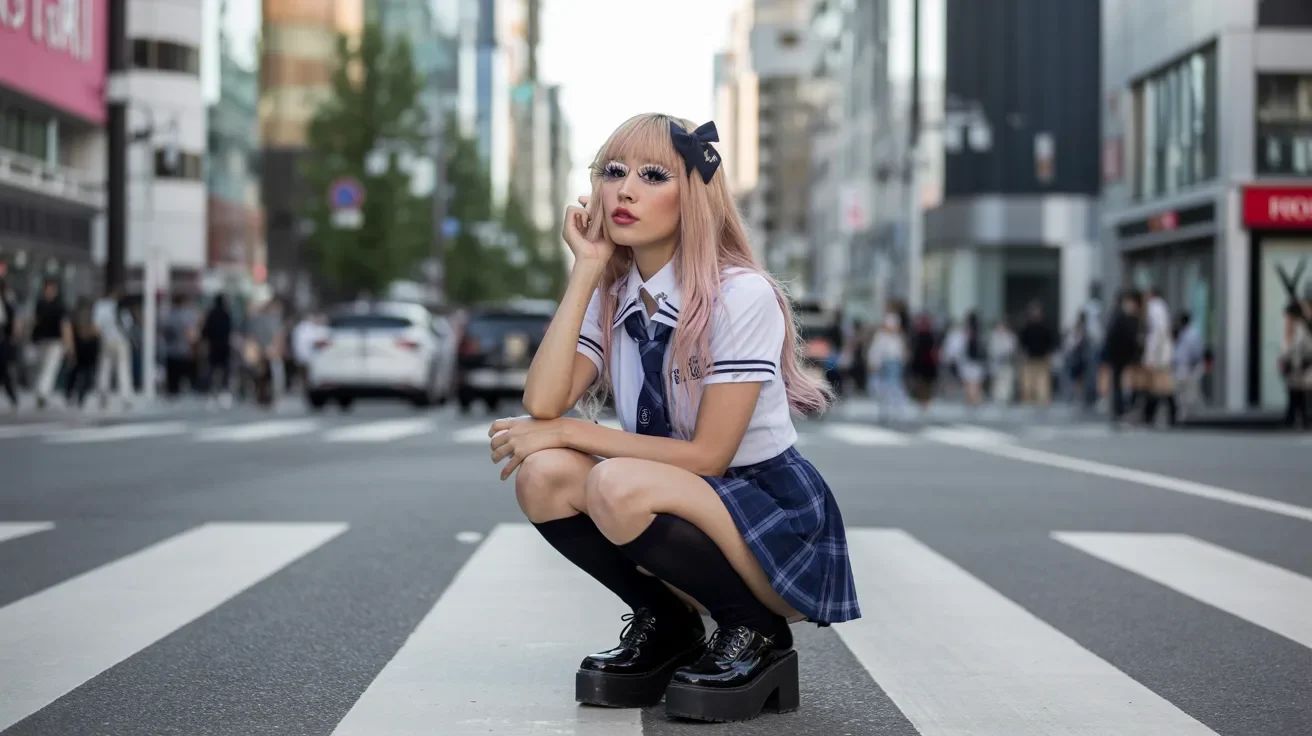 A woman in a school uniform sits on a crosswalk, looking ahead with a thoughtful expression.