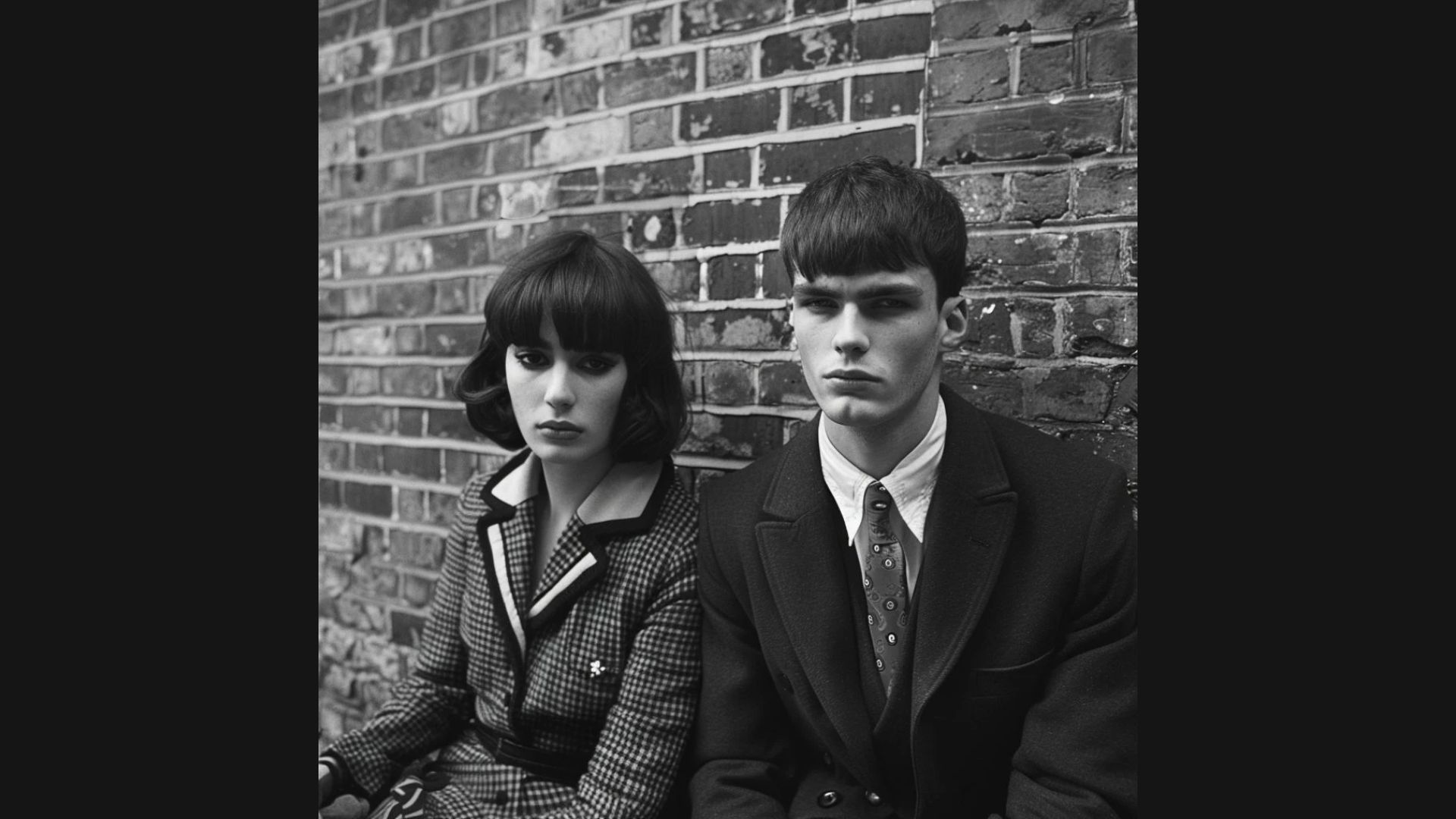 A man and woman sit casually against a textured brick wall, engaged in conversation.