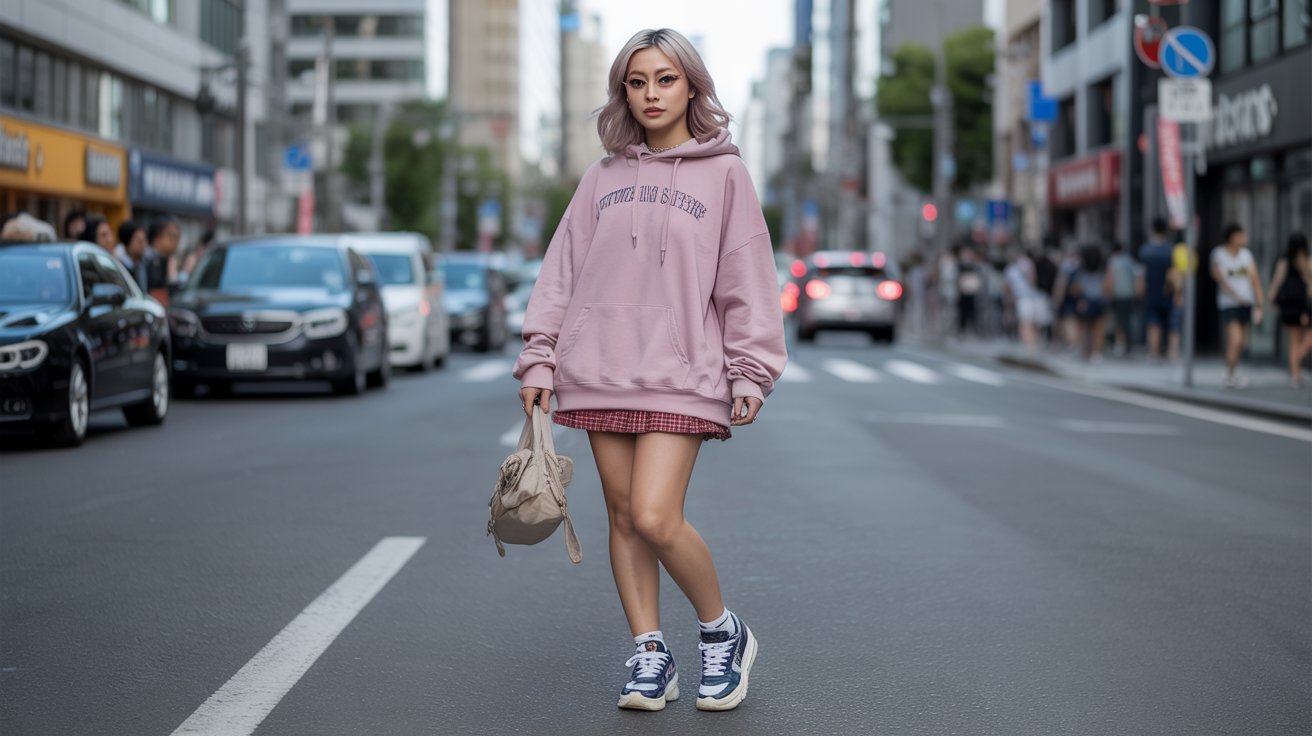 A woman in a pink sweatshirt and skirt walks down the street, surrounded by urban scenery.