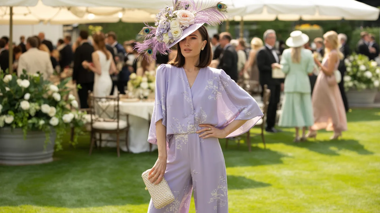 A woman wearing a lavender dress and hat stands at a race, enjoying the event and the vibrant atmosphere around her.