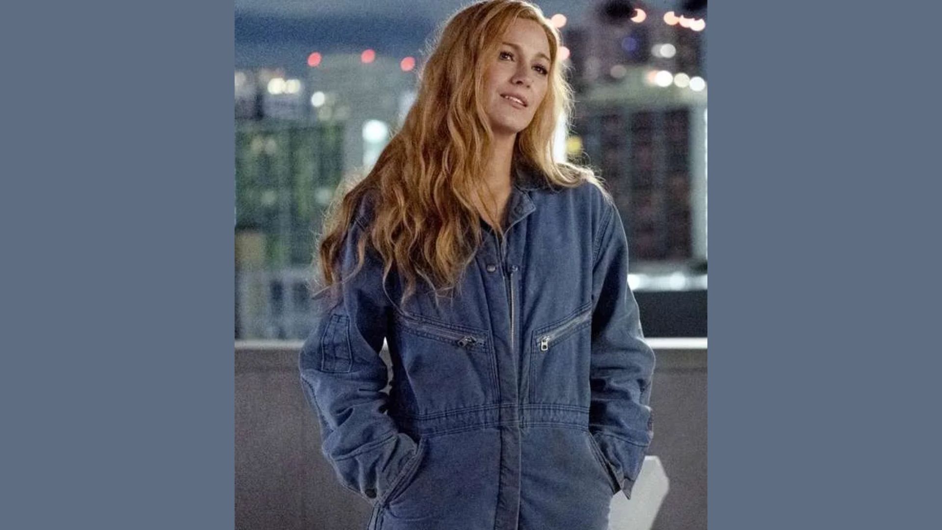 A blue denim jacket worn by Blake Lindsay in The Hunger Games, highlighting a contemporary and casual look.