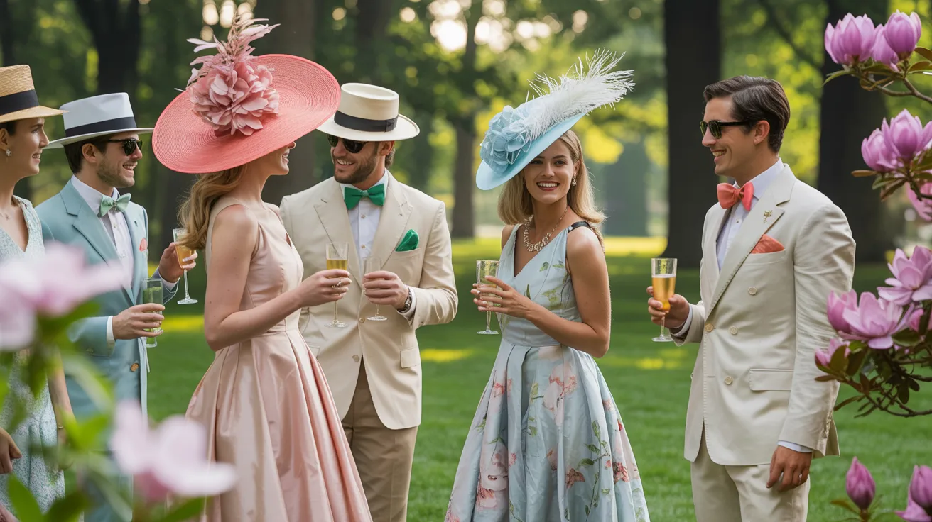 A group of people wearing fancy dress and hats, smiling and posing together at a festive event.