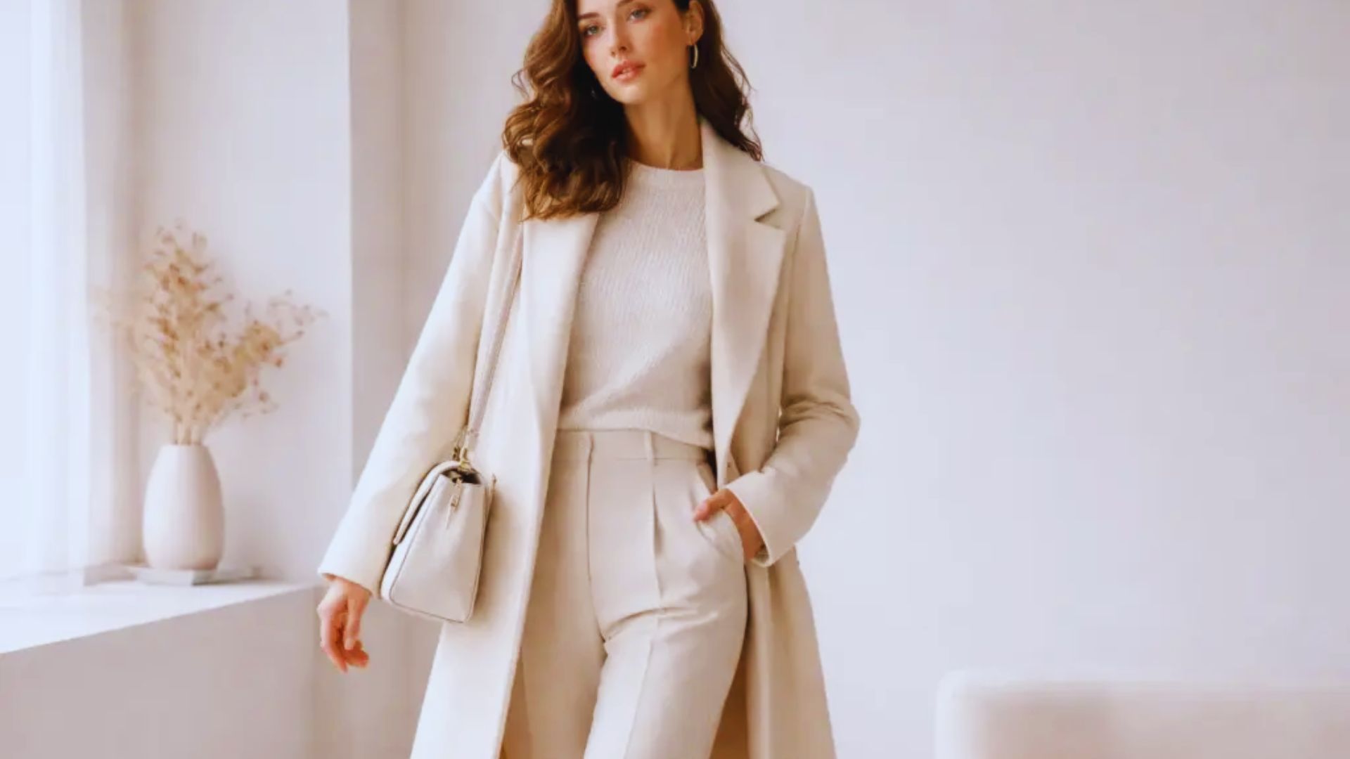 A woman wearing a white coat and pants stands confidently, showcasing a professional appearance.