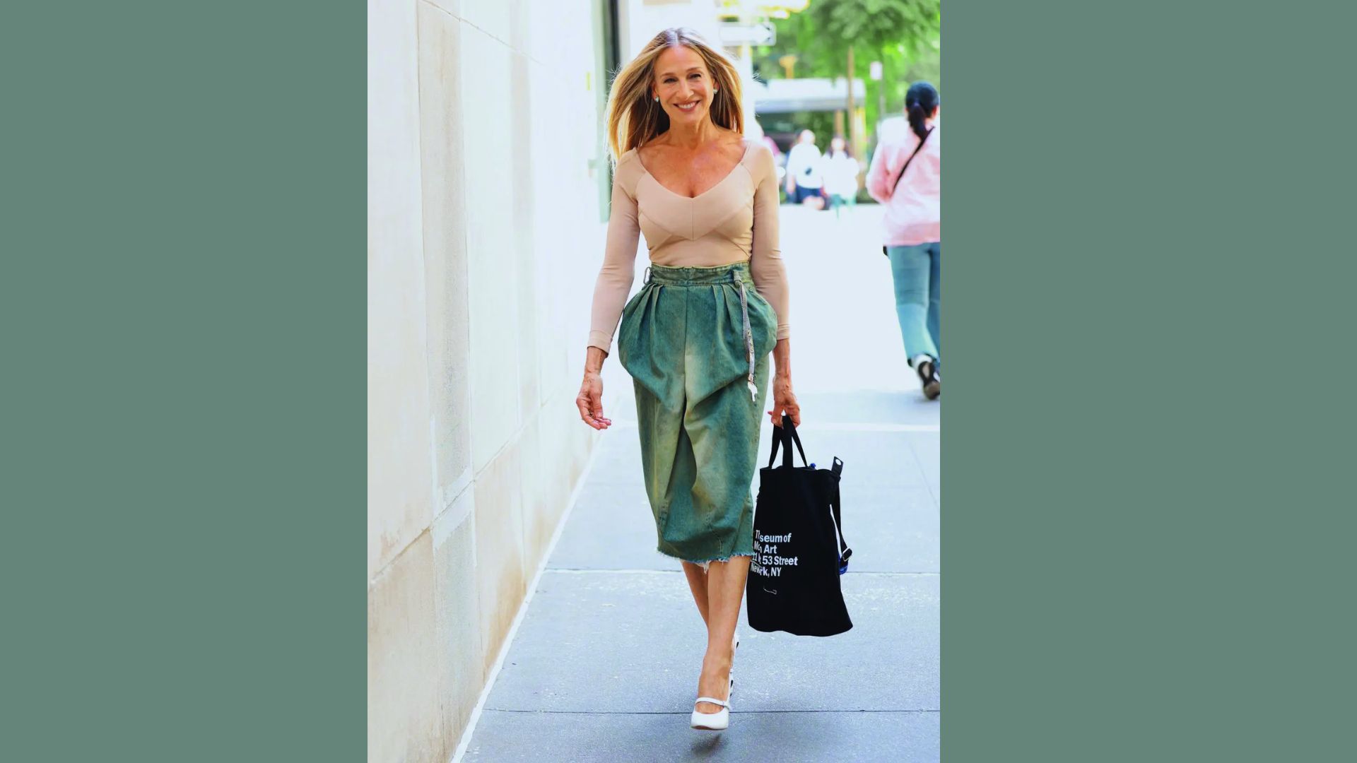 A woman in a skirt walking confidently down a city street, surrounded by urban scenery.
