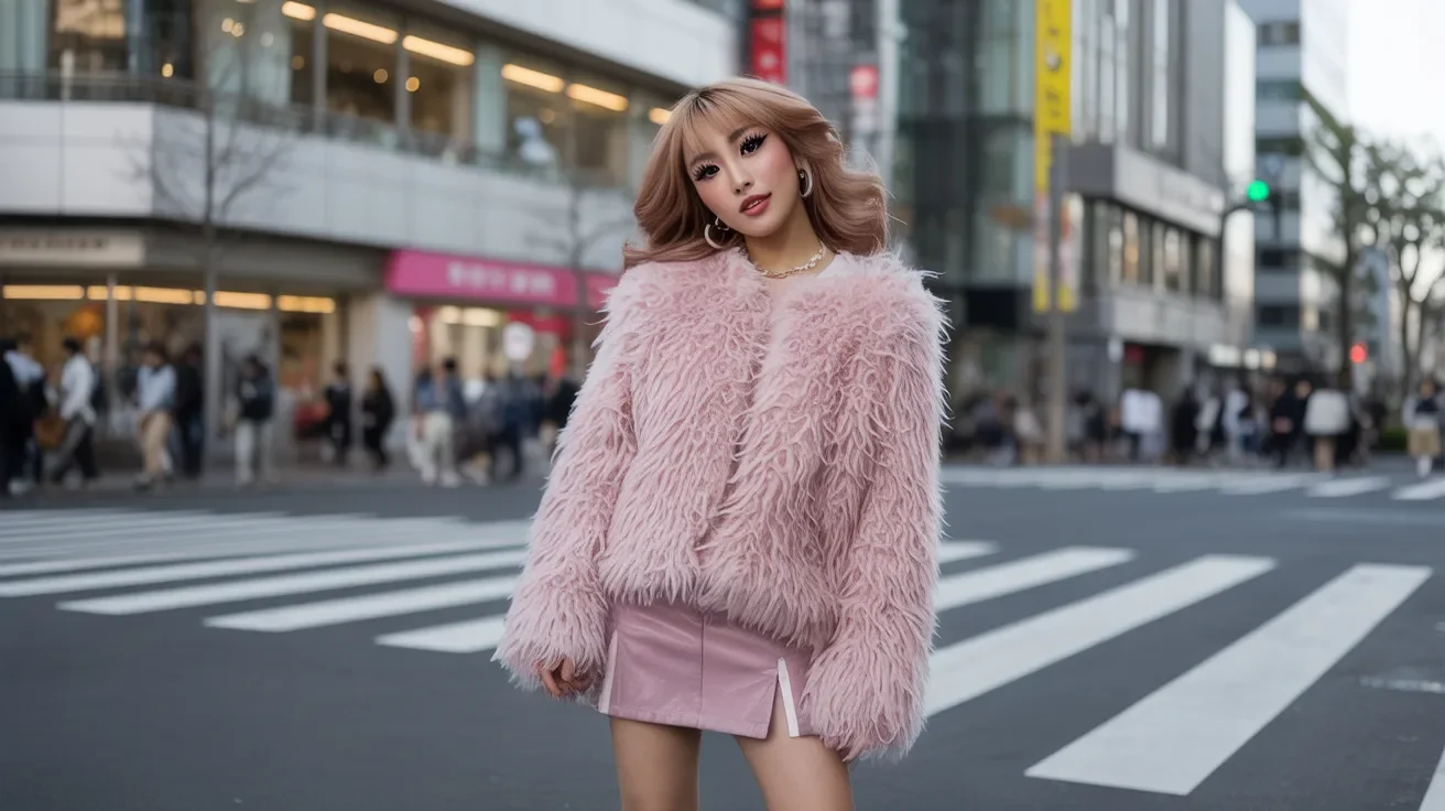 A woman dressed in a pink fur coat and skirt stands on a vibrant urban street.