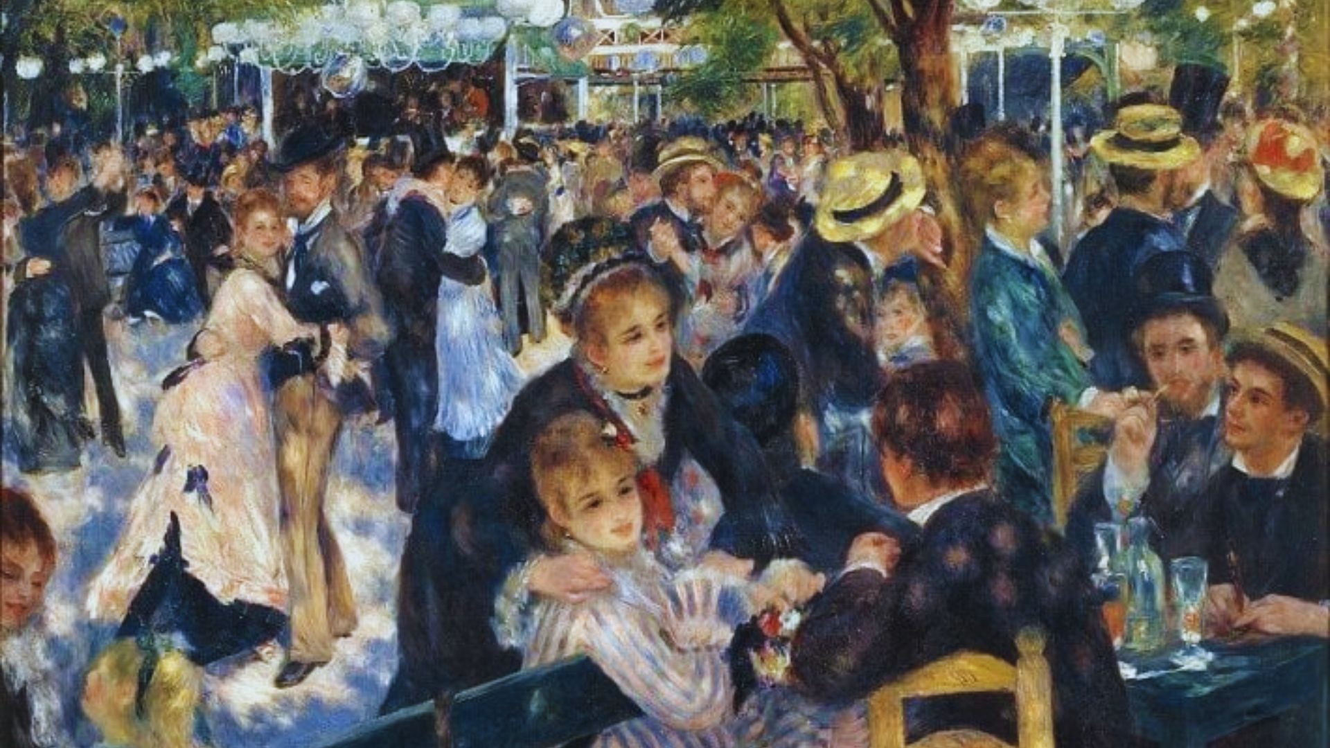 A vibrant painting depicting people enjoying coffee and conversation at a bustling city cafe.