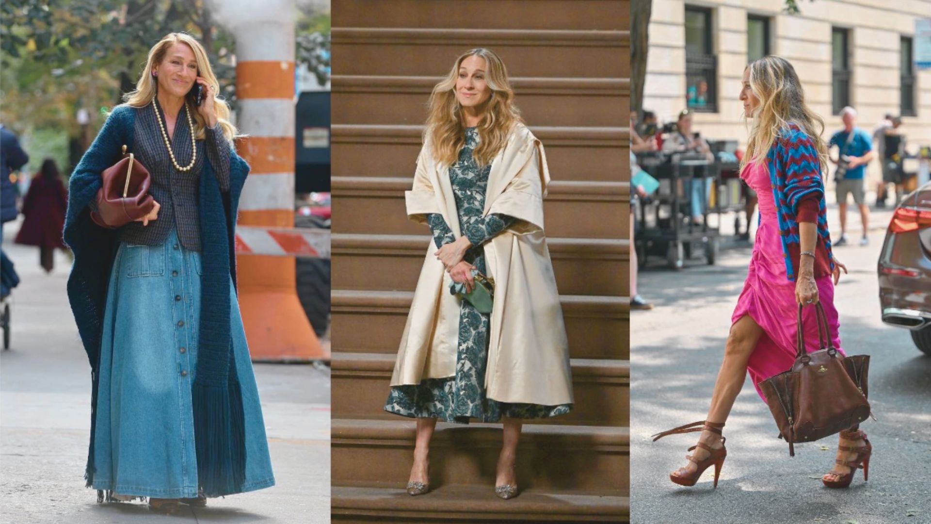 Three women in diverse outfits stroll down the street, showcasing different styles and enjoying their time together.