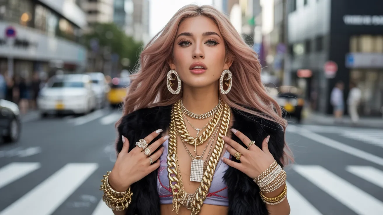 A woman with long hair adorned with gold chains on her hands, showcasing elegance and style.