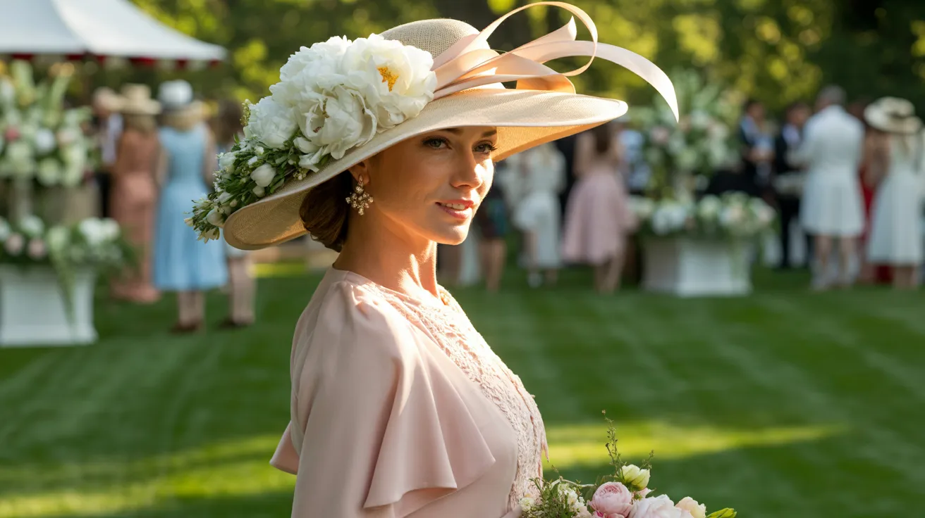 A woman wearing a pink dress and a floral hat stands gracefully, showcasing her elegant style in a vibrant setting.