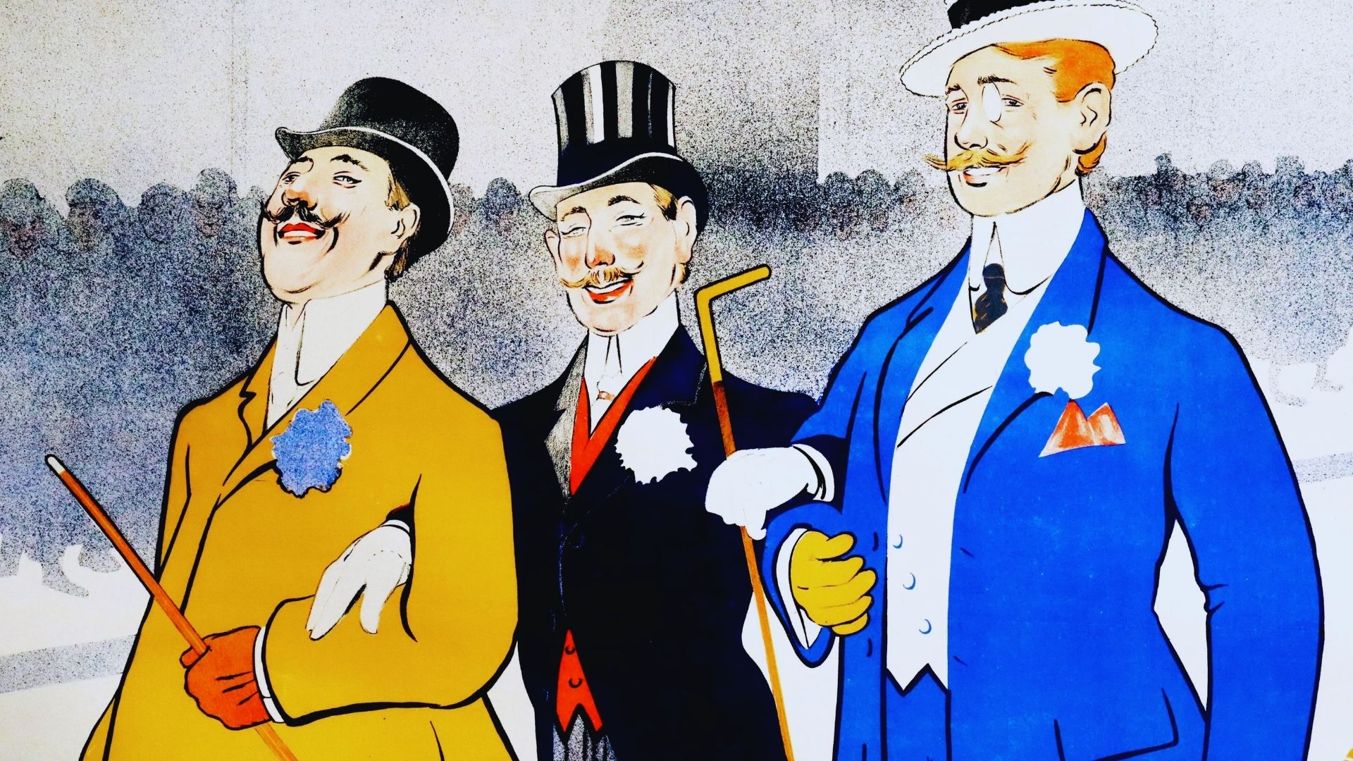 Three men in suits and hats stand closely together, presenting a formal and stylish appearance.