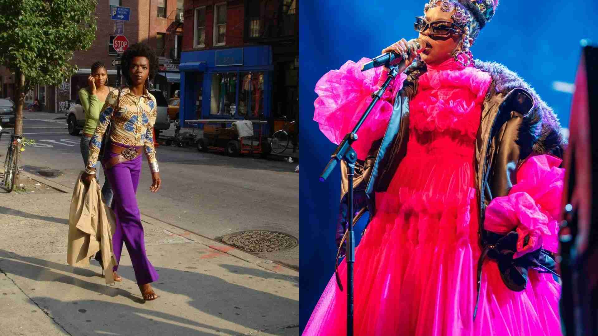 Two images of women in vibrant outfits, plus one of a woman walking on a street.
