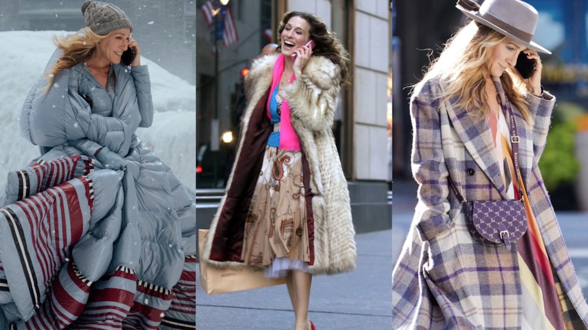 Three images of women wearing stylish coats and hats, showcasing different fashion choices and outdoor settings.