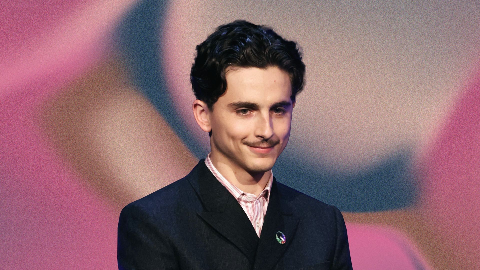 Timothee Chalamet in a suit and tie stands against a pink background.