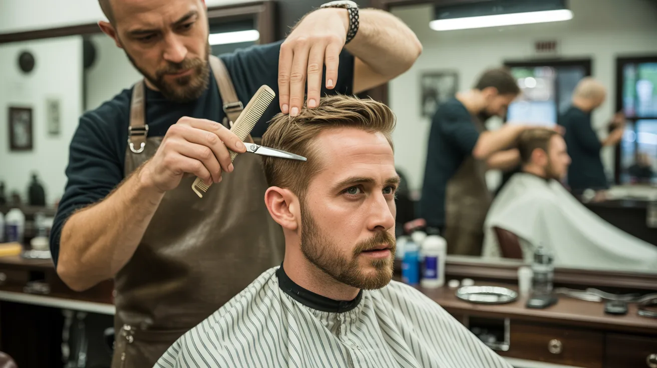 Ryan Gosling influenced male model getting haircut in realistic barbershop scene with professional barber working