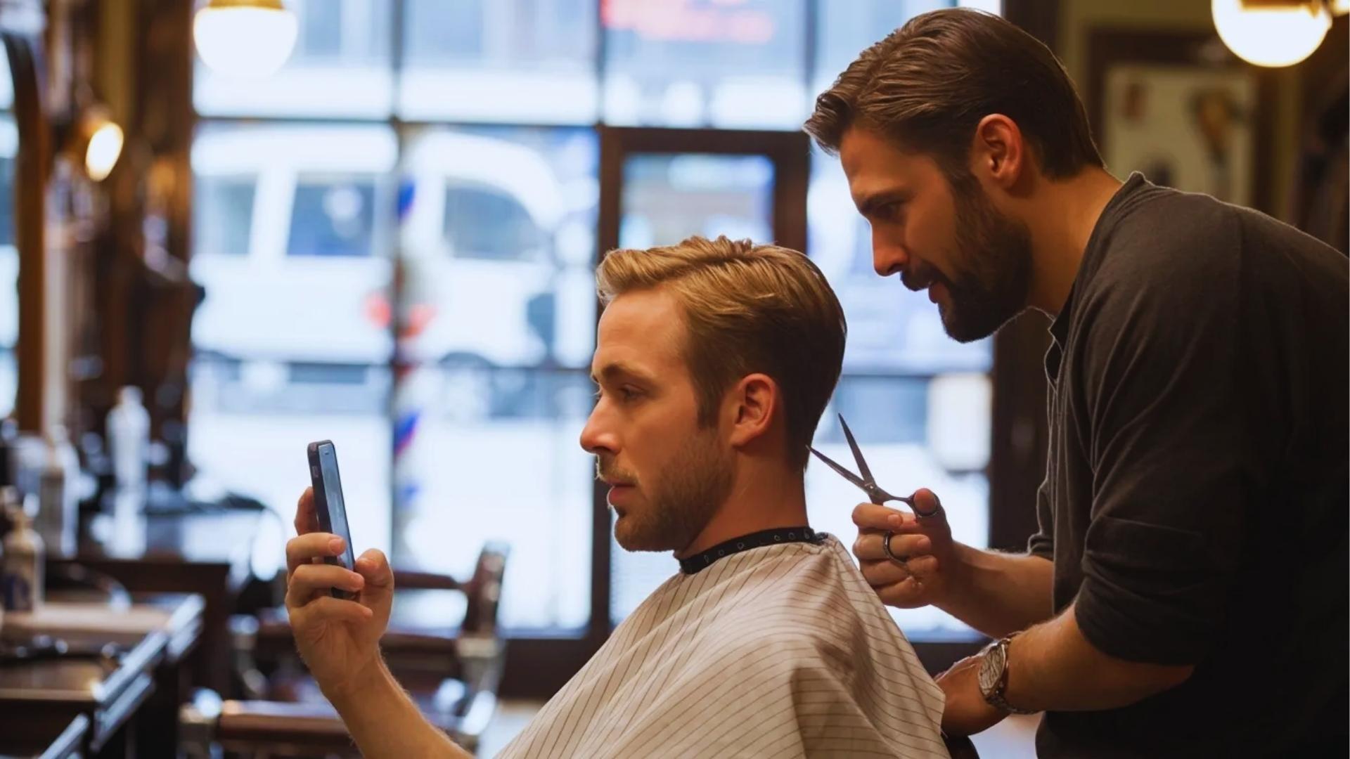 Ryan Gosling influenced male model showing haircut reference photo to barber in realistic consultation scene