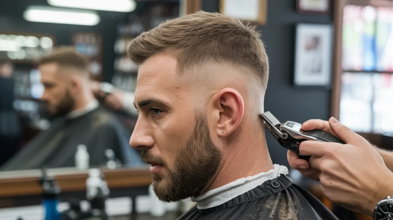 Chris Evans influenced haircut showing low to mid fade on sides in realistic barbershop close-up scene