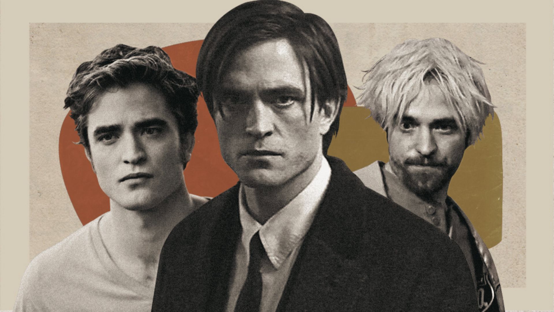 Three different images showcasing Robert Pattinson's long hair evolution from past to present.