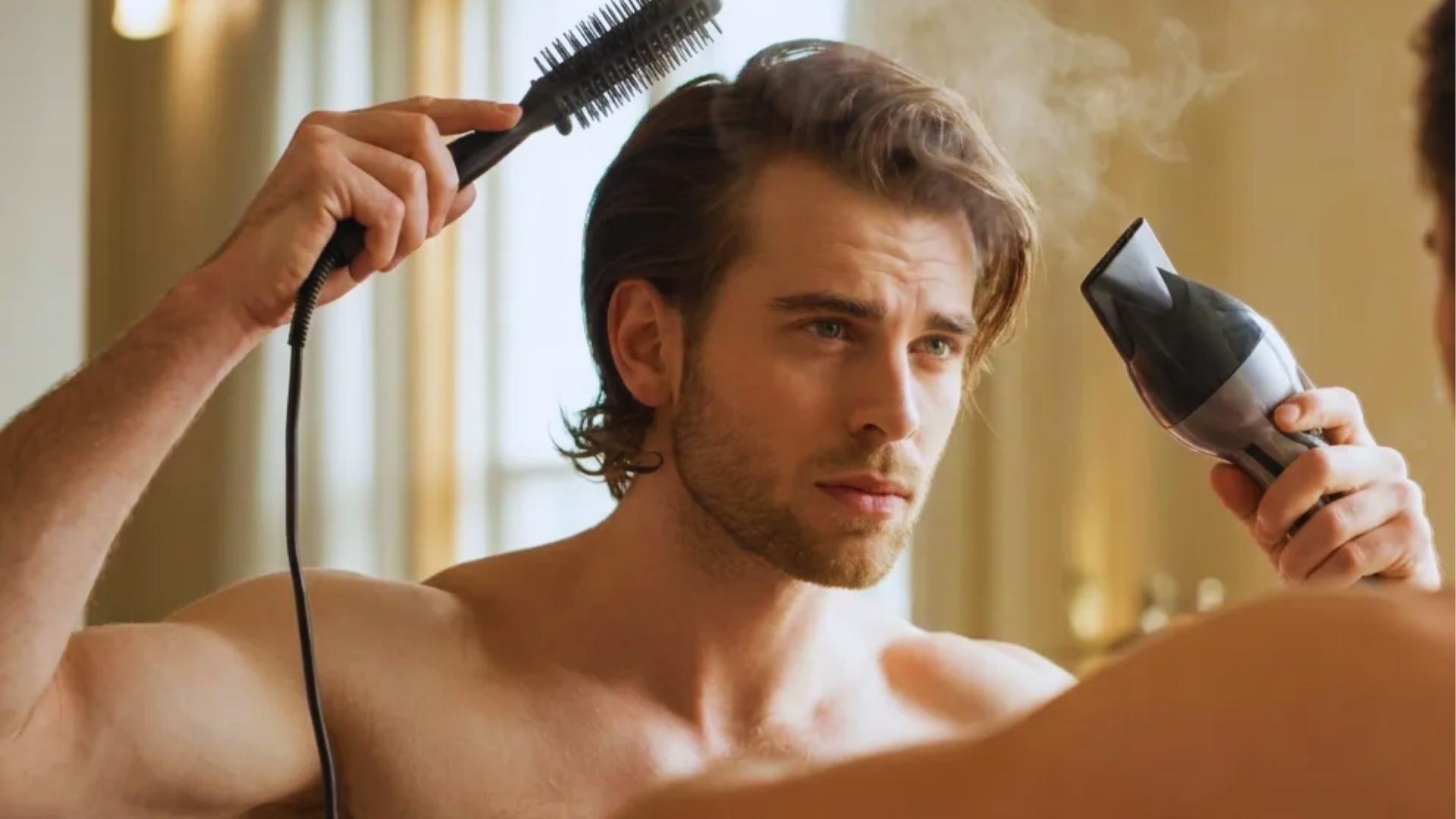 Chris Evans influenced hairstyle being blow-dried forward with natural volume in realistic styling scene