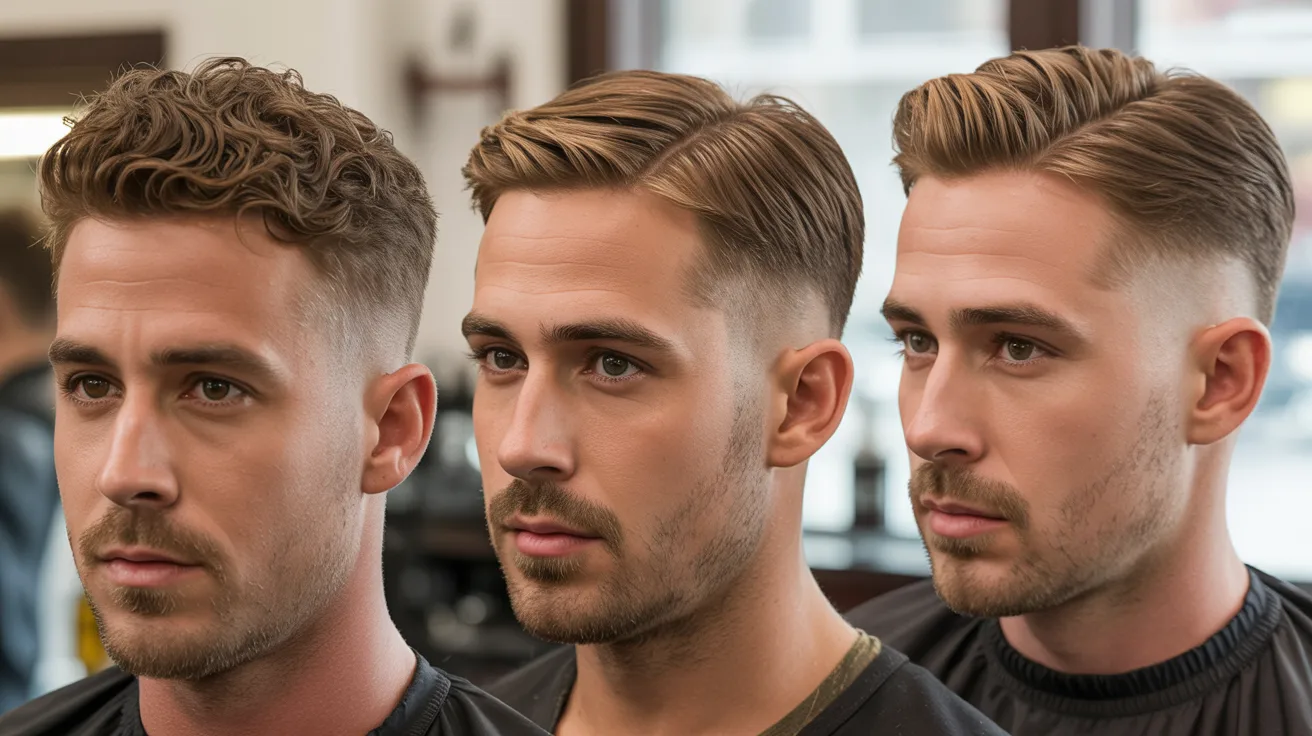 Ryan Gosling influenced haircut variations with textured, slick, and side-part styles shown in realistic close-up portraits