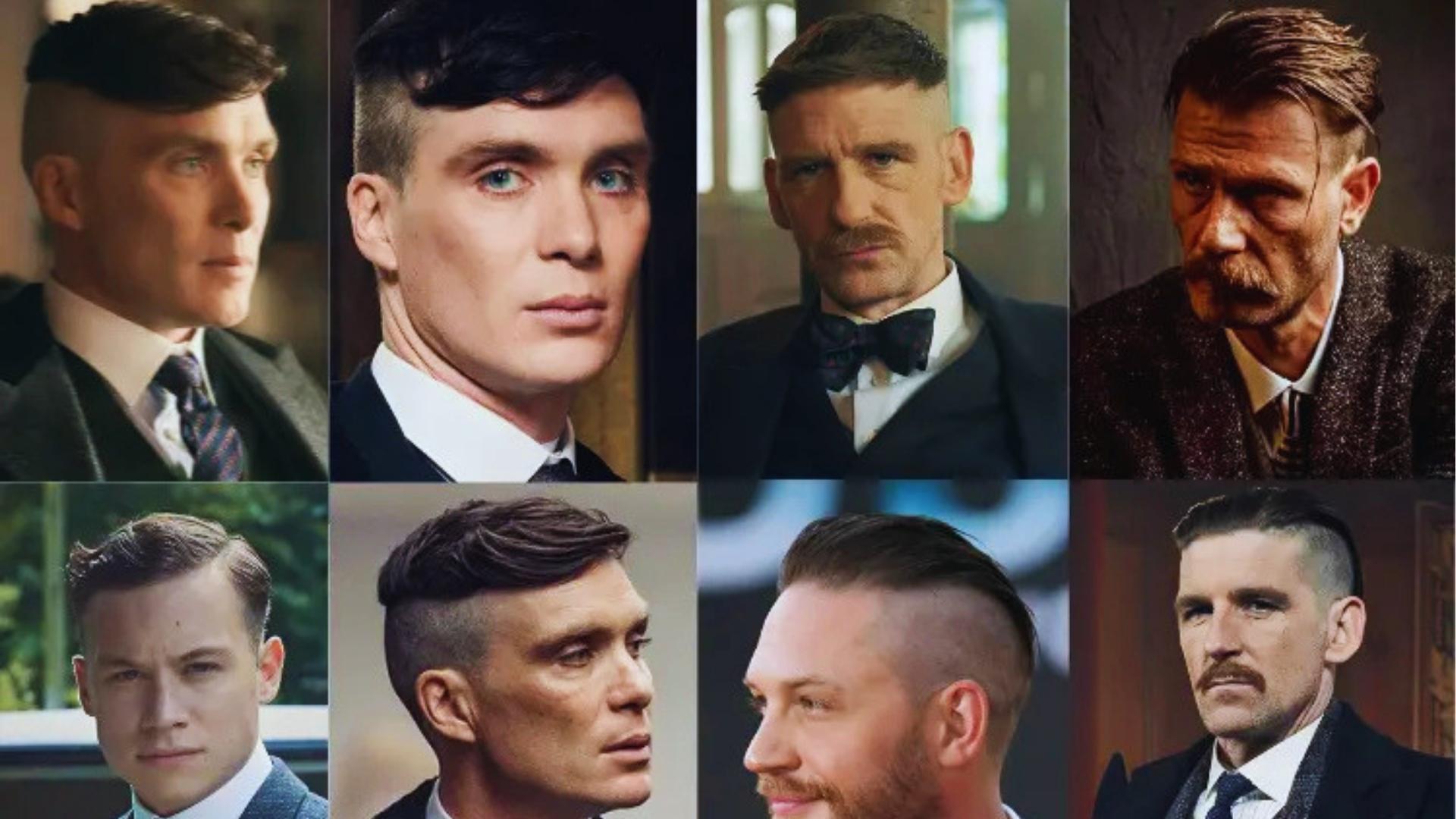 Collage of eight Peaky Blinders haircuts showing Thomas Shelby undercut, Arthur Shelby disconnected crop, and John Shelby side-part styles