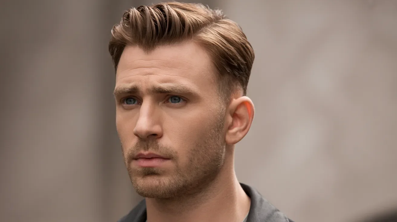 Chris Evans influenced hairstyle with finger styled messy texture and natural masculine finish in realistic close-up