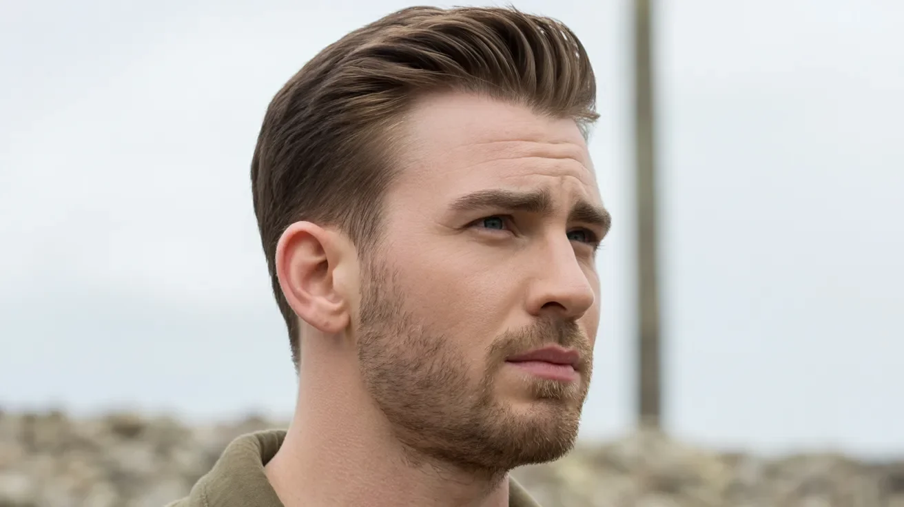 Chris Evans influenced haircut with medium length top and clean faded sides shown in realistic close-up portrait