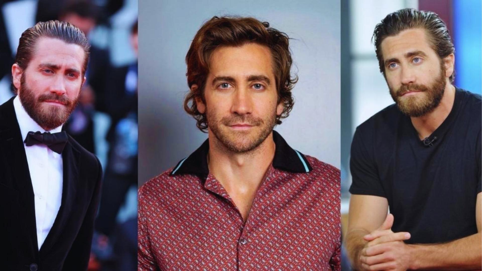 Collage of three Jake Gyllenhaal haircuts showing slicked-back undercut with beard, medium wavy hair, and textured side-part style.