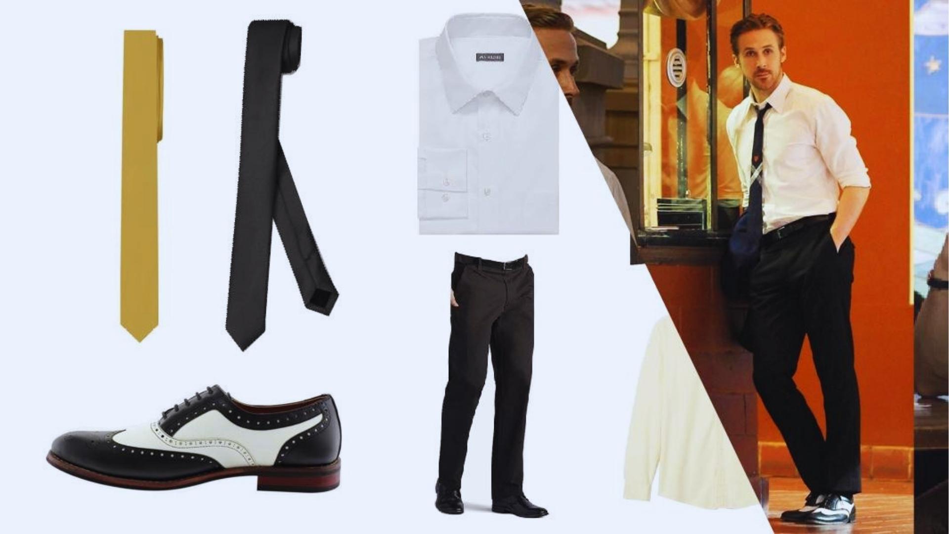 Style collage breaking down Ryan Gosling’s La La Land outfit with white dress shirt, black pants, gold and black ties, spectator shoes, and film still.