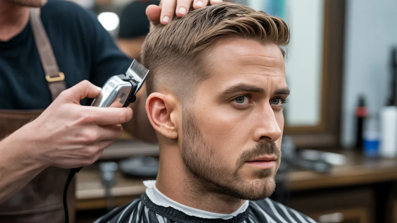 Ryan Gosling influenced haircut showing short tapered sides and longer top with clear length contrast in close-up