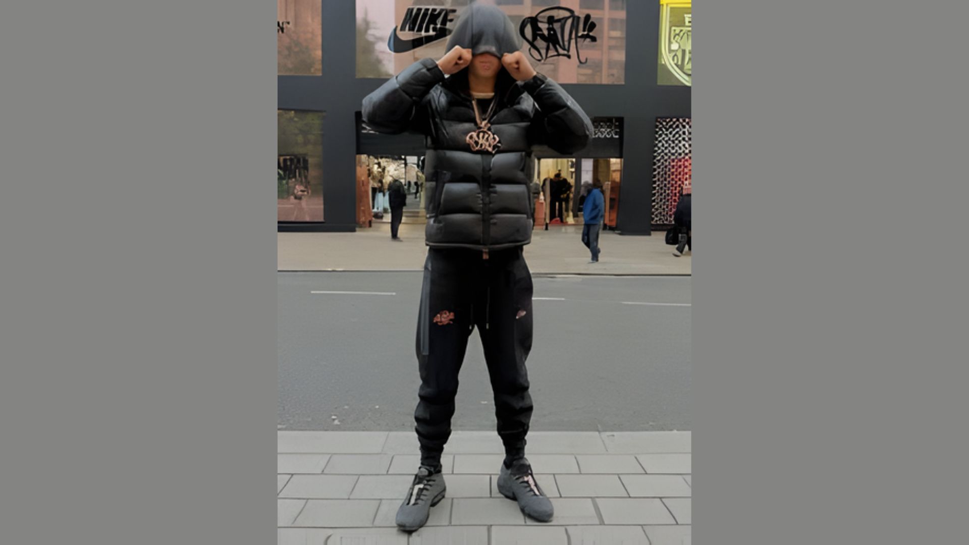 "A man wearing a black jacket and pants stands on a street, looking ahead with a neutral expression."