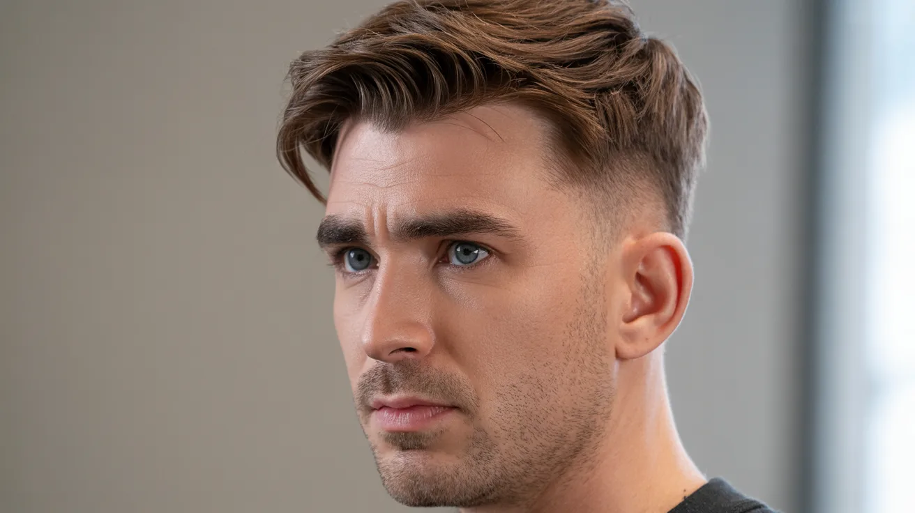 Chris Evans influenced haircut with soft layered texture on top showing natural volume and separated strands in close-up portrait
