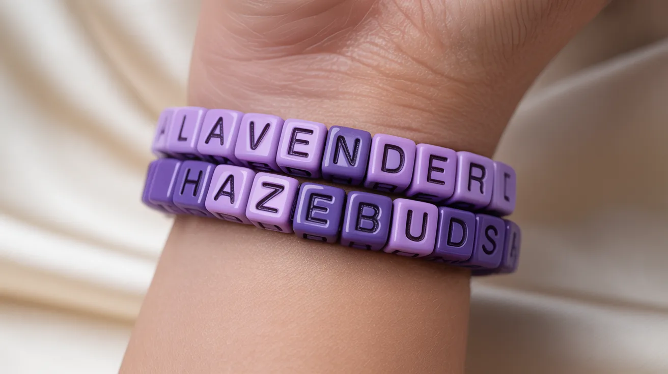 lavender-toned bracelet on wrist with cube beads spelling LAVENDER HAZE BUDS clearly.
