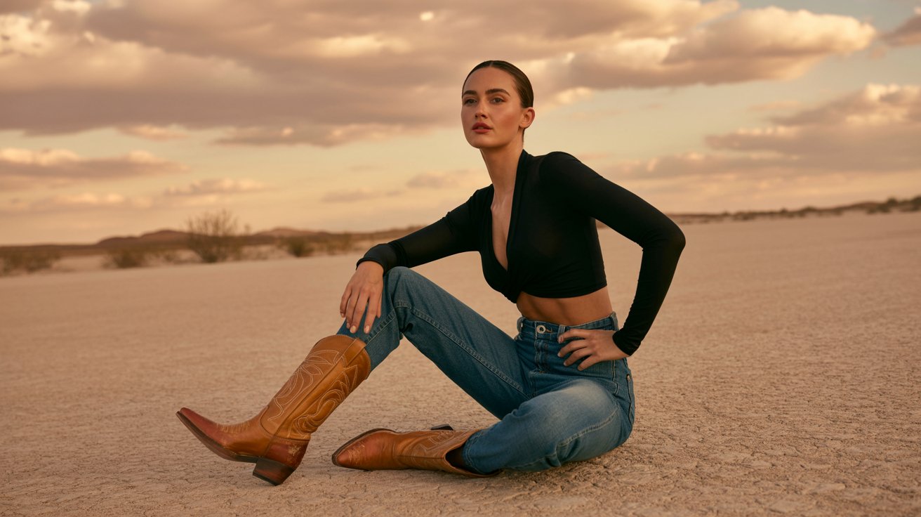 Woman in thrifted cowboy boots styled outfit on a desert roadside at golden hour with a unique vintage Western fashion vibe.