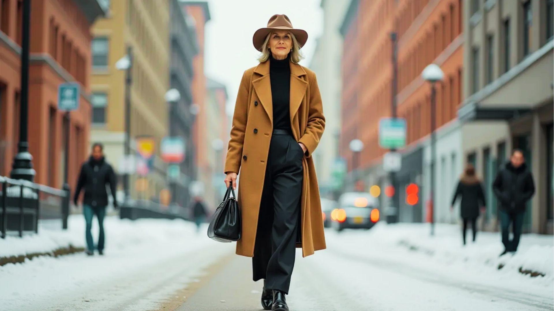 Stylish woman in camel coat, black turtleneck, and hat walks snowy city street carrying bag