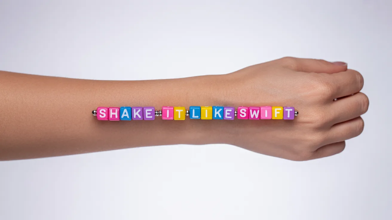 bright bracelet with cube beads spelling SHAKE IT LIKE SWIFT clearly.