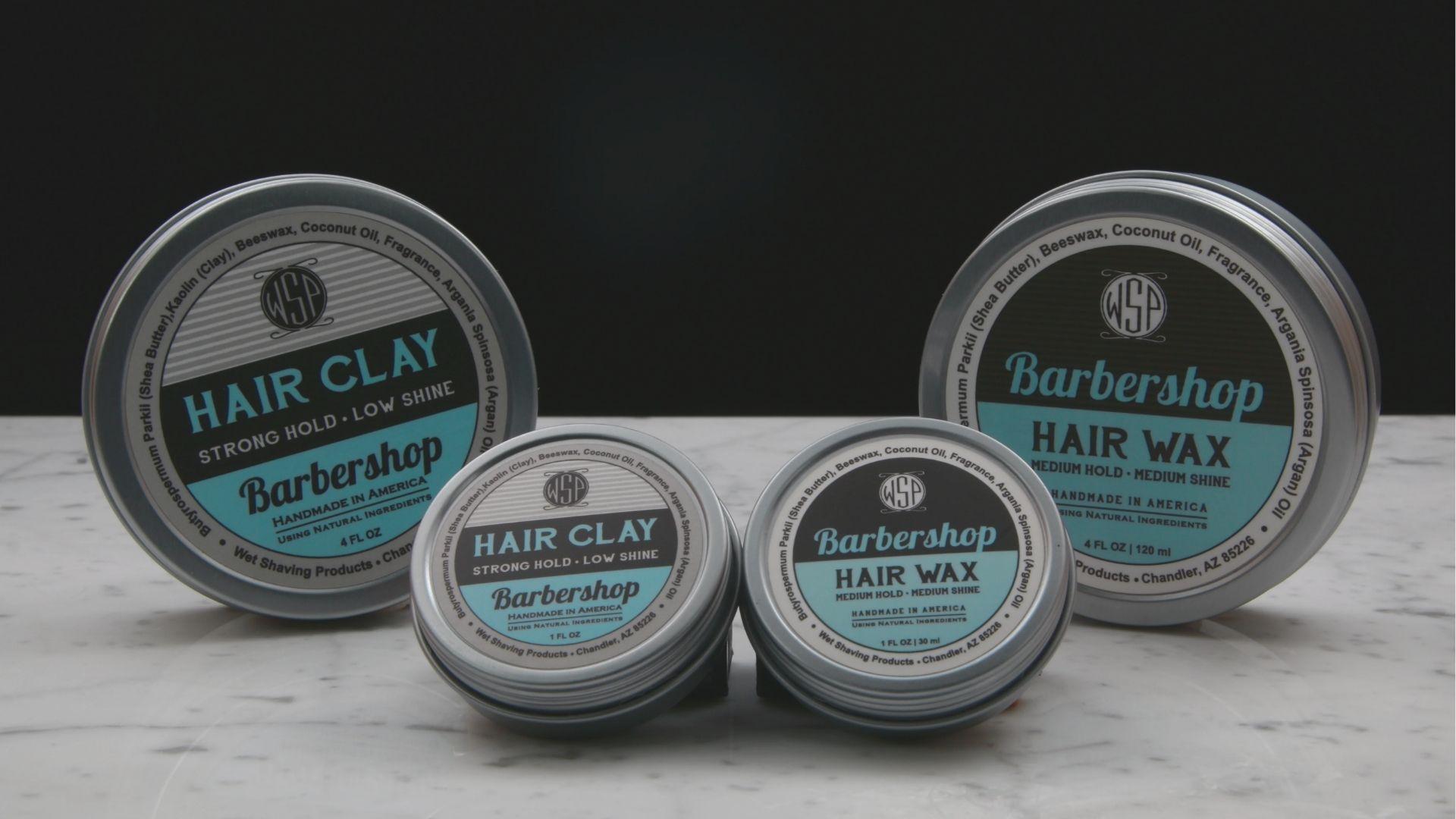Barbershop hair clay and wax tins for strong hold with low to medium shine.