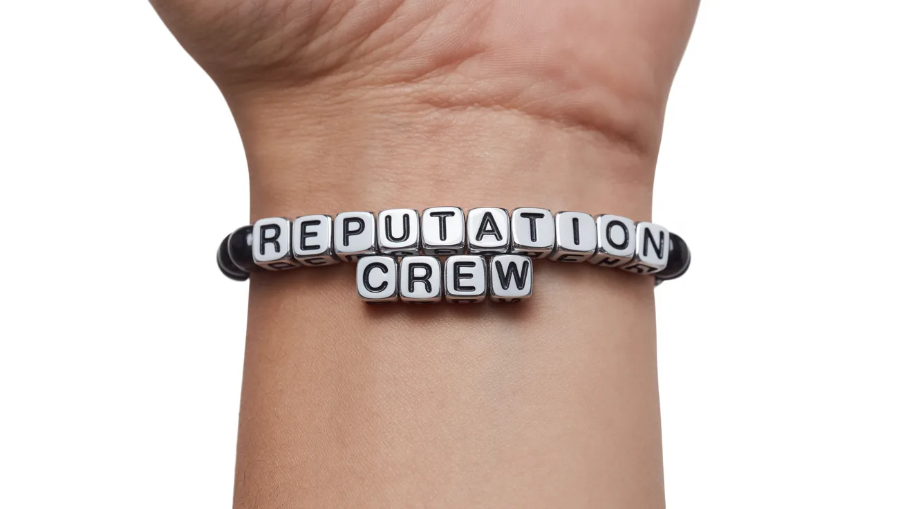 black and silver bracelet on wrist with cube beads spelling REPUTATION CREW in bold uppercase letters.