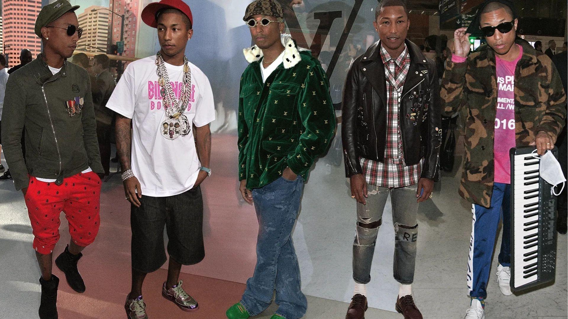 Pharrell Williams style evolution collage, five looks from streetwear chains to LV velvet jacket