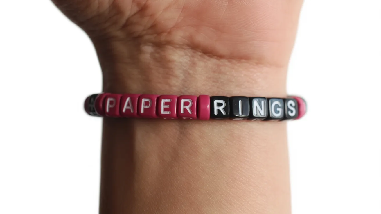 red and black bracelet on wrist with cube letter beads spelling PAPER RINGS in bold uppercase text.
