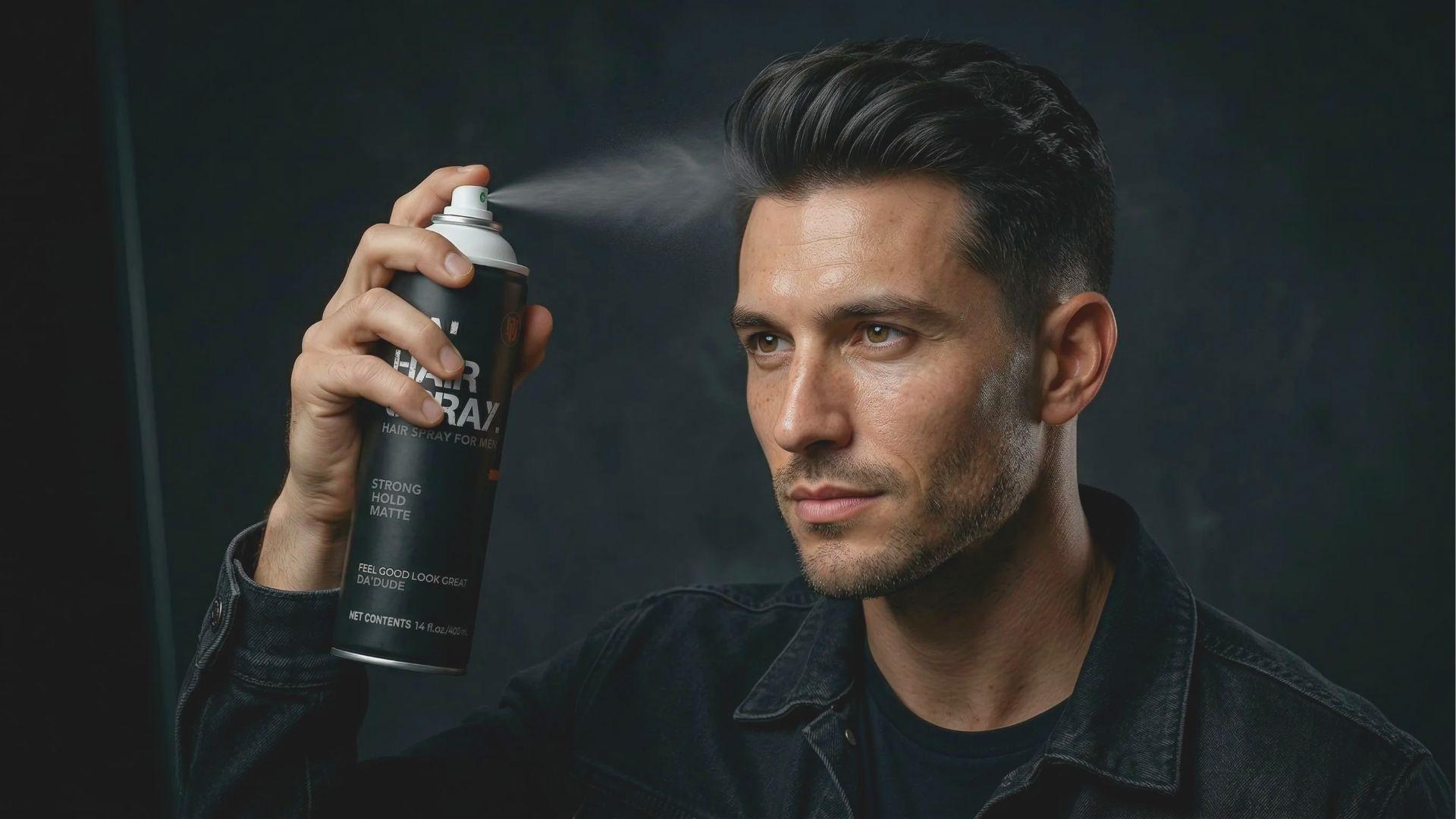 Man applies strong-hold hair spray to a voluminous pompadour with tapered sides.