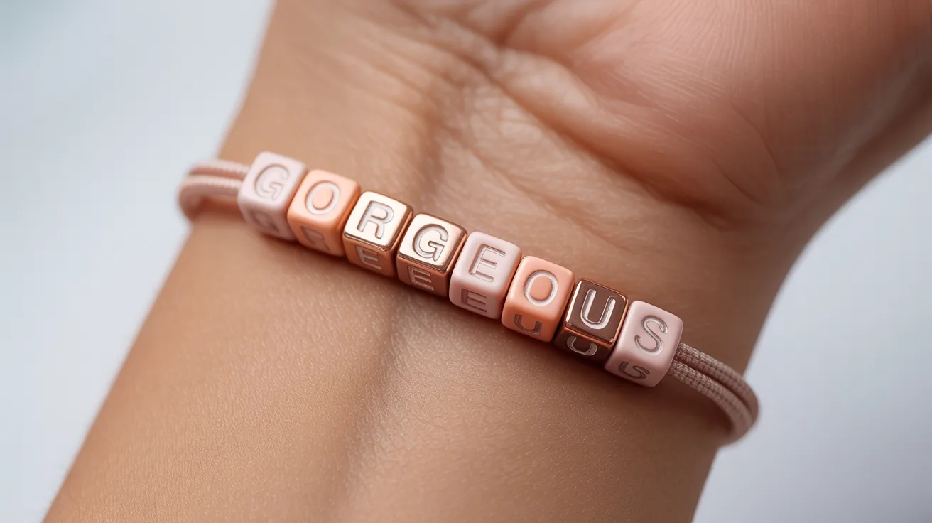 wrist wearing a peach and rose gold beaded bracelet with cube letters spelling GORGEOUS in bold uppercase.