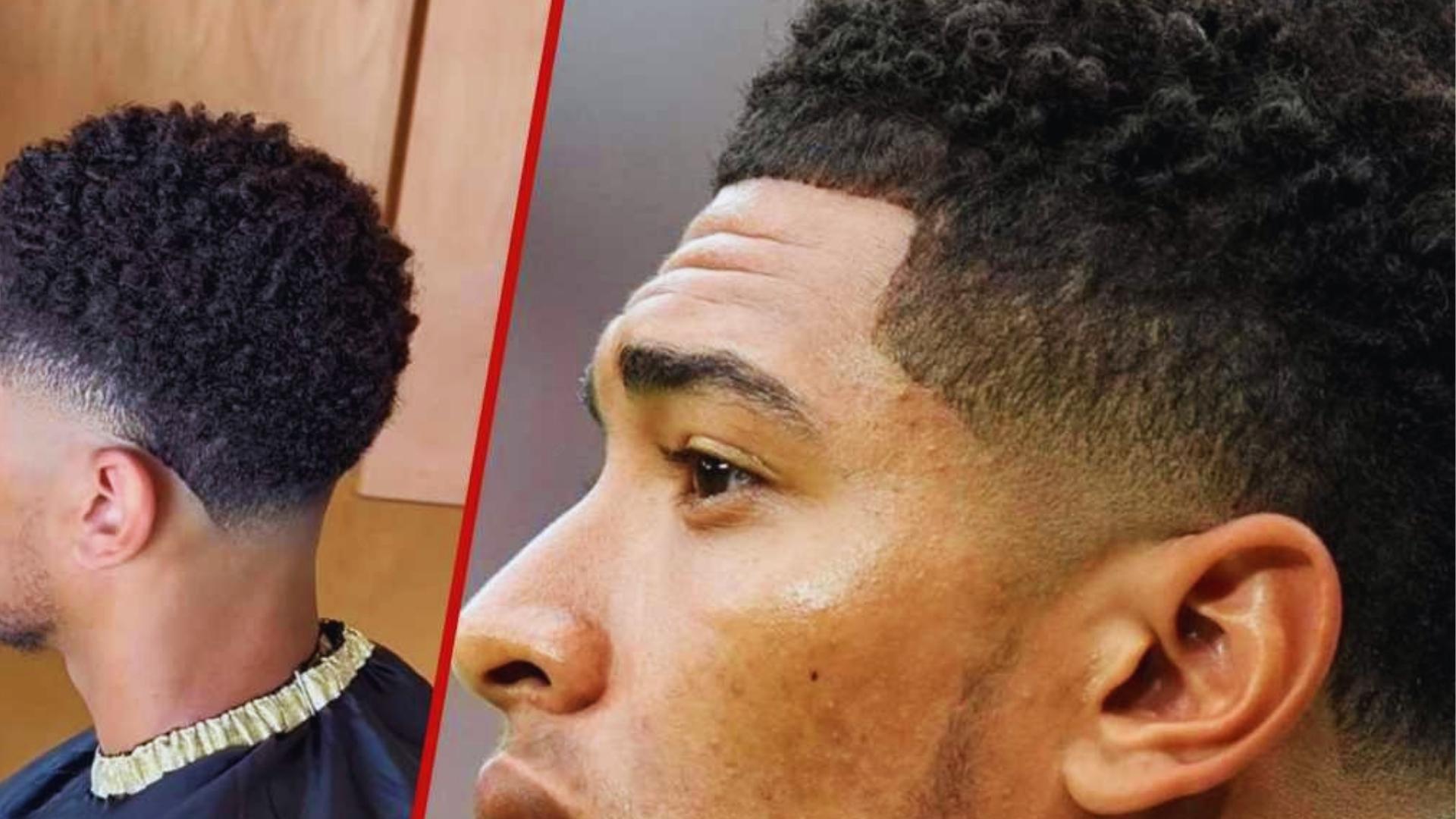 Split image shows Jude Bellingham’s rounded afro taper fade from behind and his sharp hairline detail from the front.