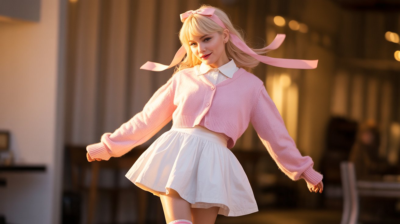 9. Pink Cardigan With White Mini Skirt and Hair Ribbon