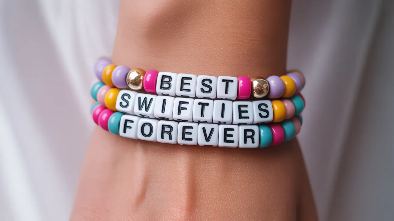 wrist wearing a multicolor bracelet with cube beads spelling BEST SWIFTIES FOREVER in bold uppercase.