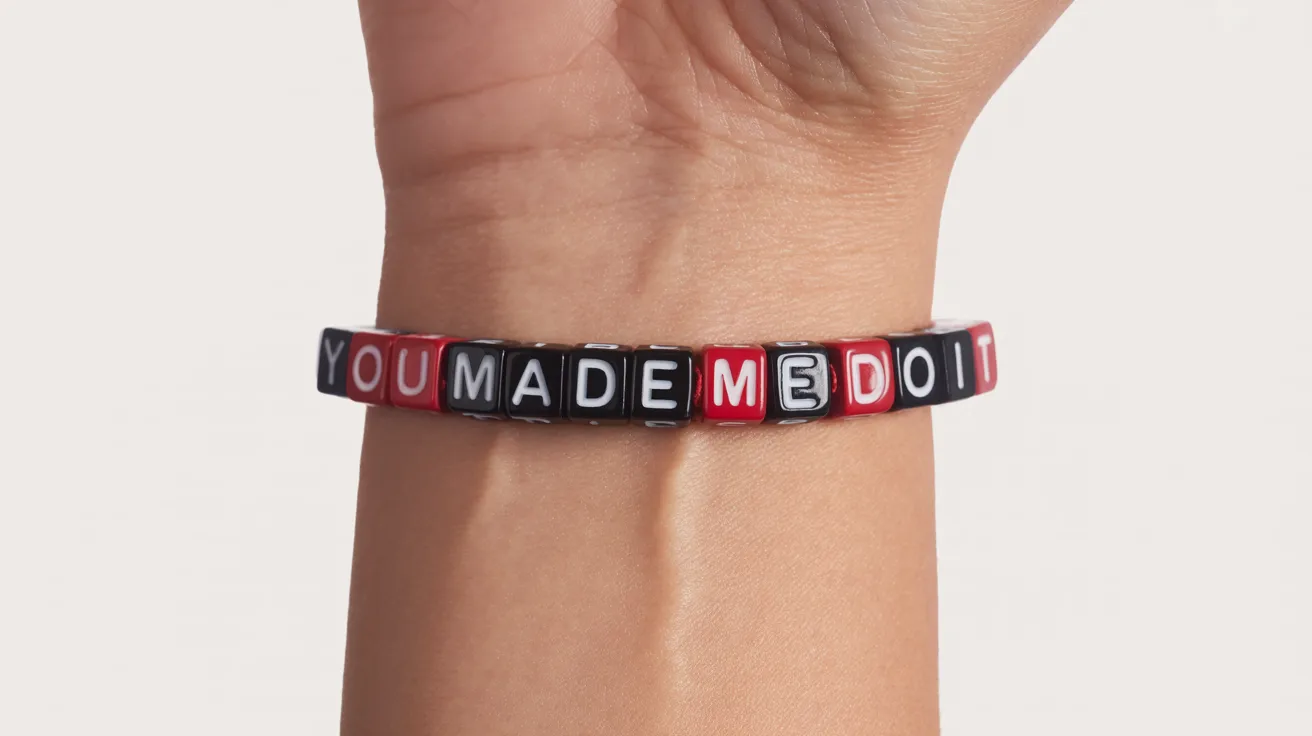 red and black bracelet on wrist with cube beads spelling YOU MADE ME DO IT in bold uppercase.