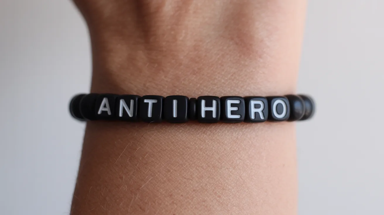 dark-toned bracelet on wrist with cube beads spelling ANTI HERO in bold uppercase letters.