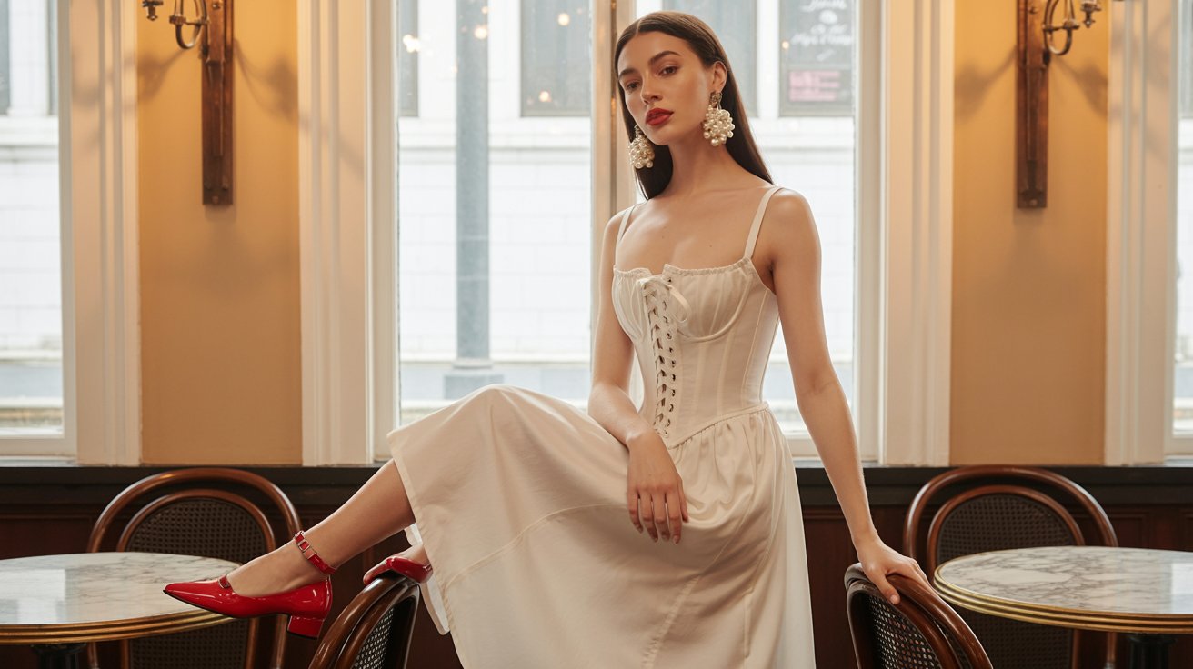 Woman wearing white corset midi dress with red mary jane flats and pearl earrings elegantly.