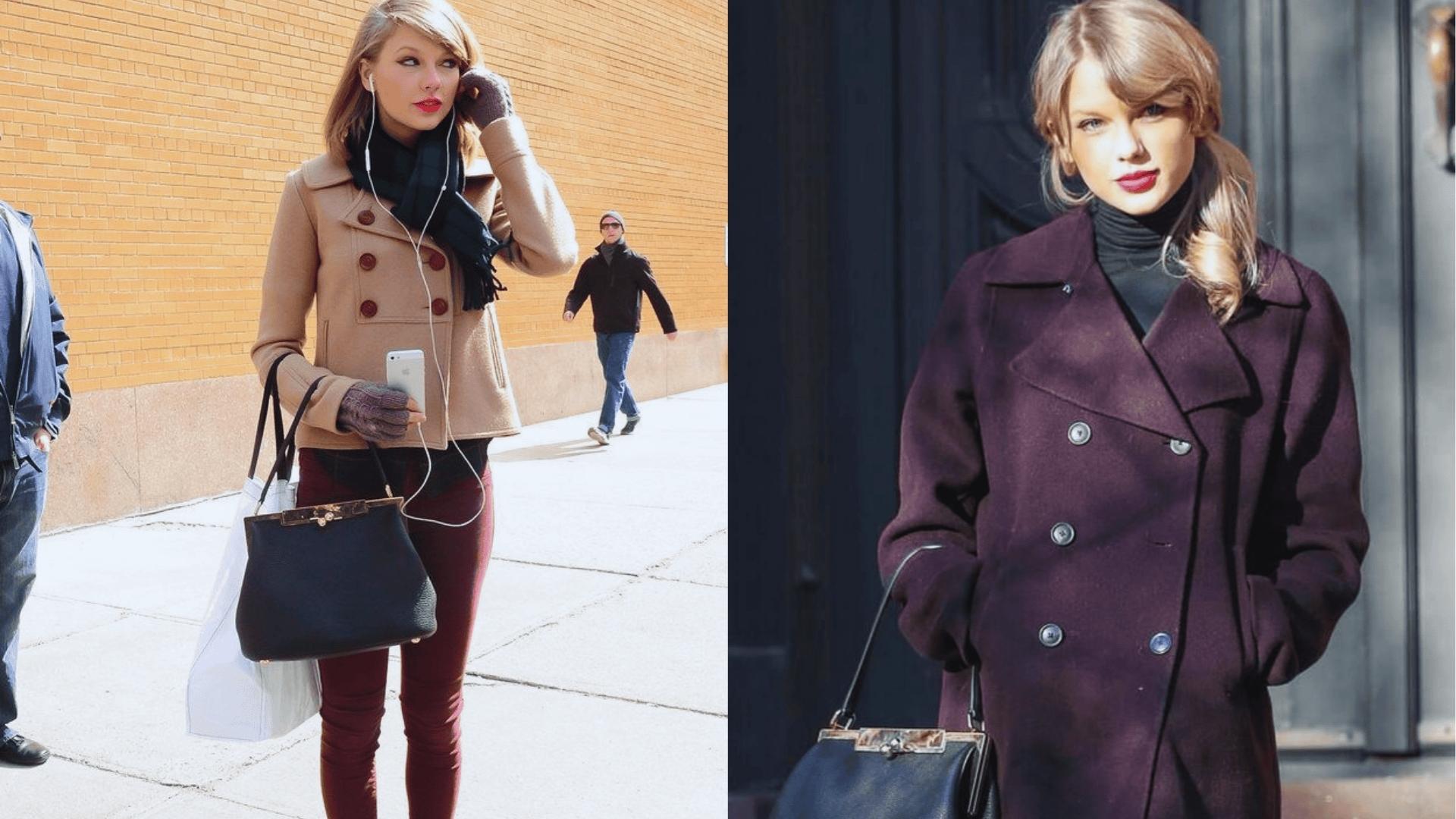 Taylor Swift street style in cozy camel peacoat and burgundy pants deep purple coat with turtleneck for autumn Folklore vibes.