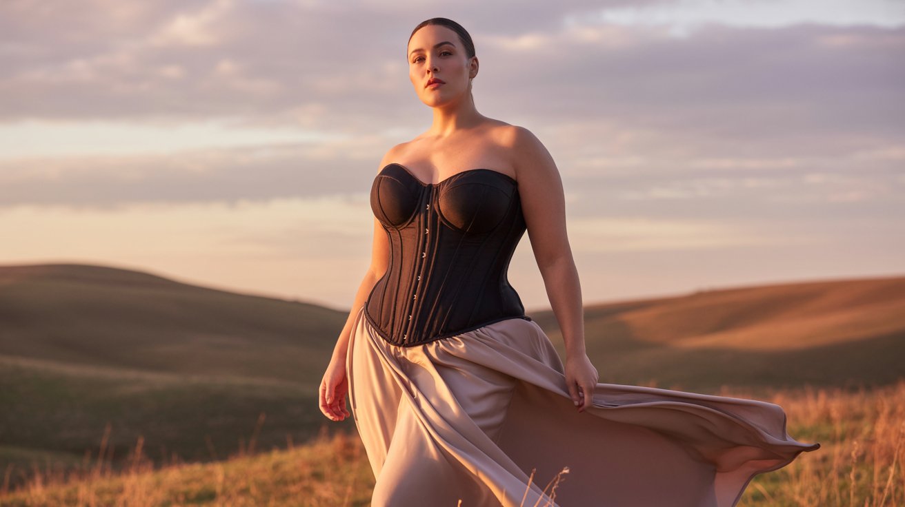Plus-size woman in corset top and maxi skirt in a golden-hour landscape with a romantic, empowering fashion vibe.